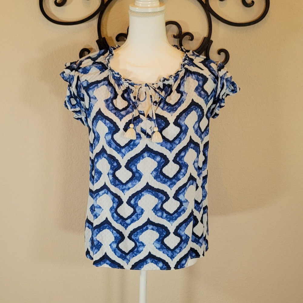 Rose + Olive Blouse Womens Blue White Ikat Tassel Ruffle Sleeve Top Size L
